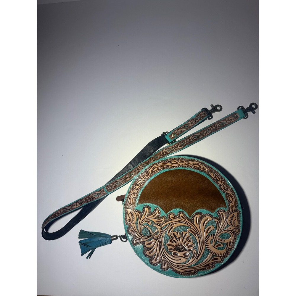 Western Tooled Leather Turquoise Round Crossbody Canteen Bag with Cowhide Detail
